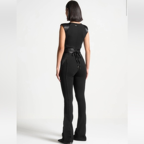 Satin Contour Flared Jumpsuit - Black - Picture 3 of 14